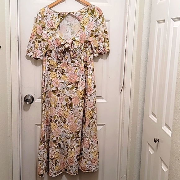 WHO WHAT WEAR WOMEN'S FLOWERS PRINT LINEN RAYON DRESS SHORT SLEEVE SZ L - Picture 4 of 10